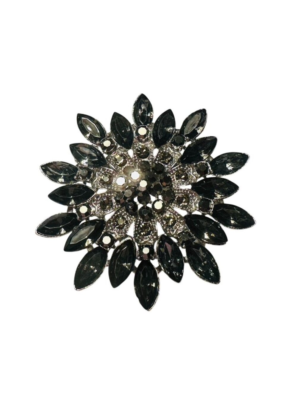 Rhinestone Floral Brooch Dark Gray & Clear Crystal Pin Silver Tone
